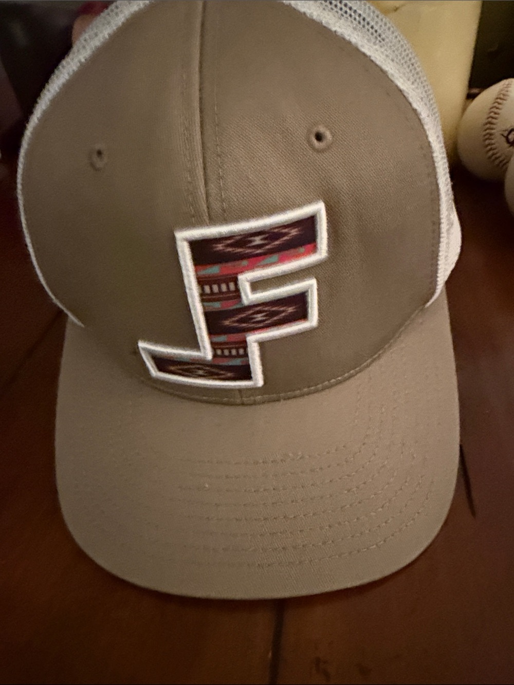 Khaki & White Mesh Trucker Hat with Patterned 'F' Accent